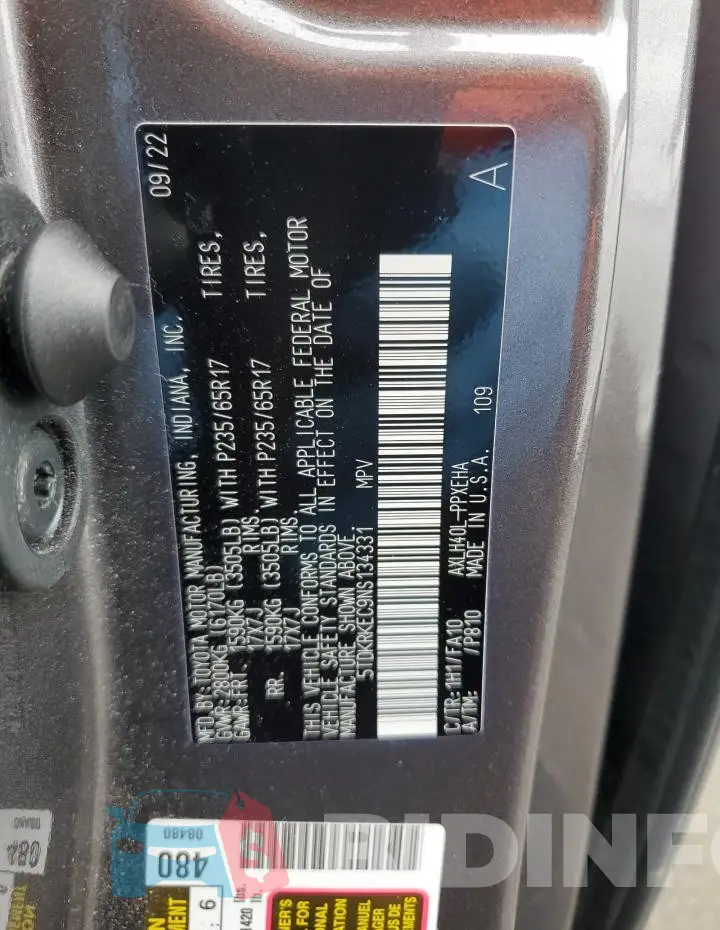 5TDKRKEC9NS134331 Photo# 13