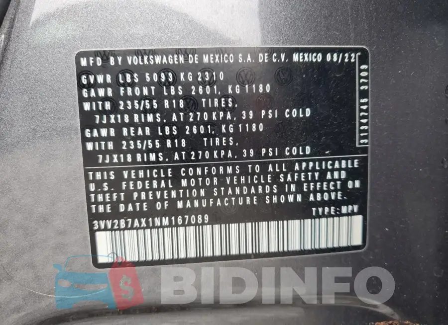 3VV2B7AX1NM167089 Photo# 14