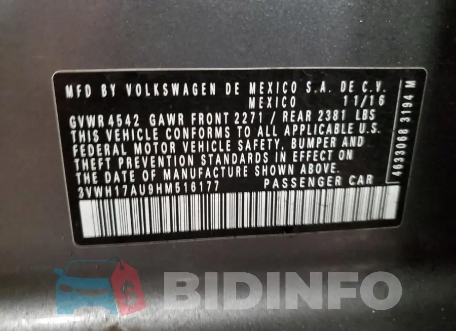 3VWH17AU9HM516177 Photo# 13