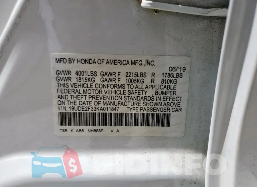 19UDE2F33KA011847 Photo# 12