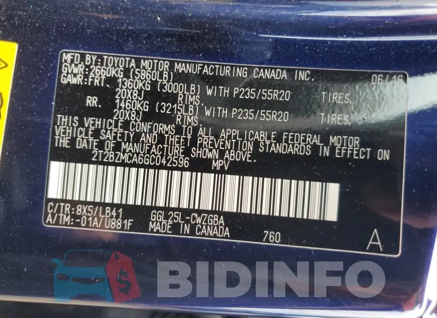 2T2BZMCA6GC042596 Photo# 13