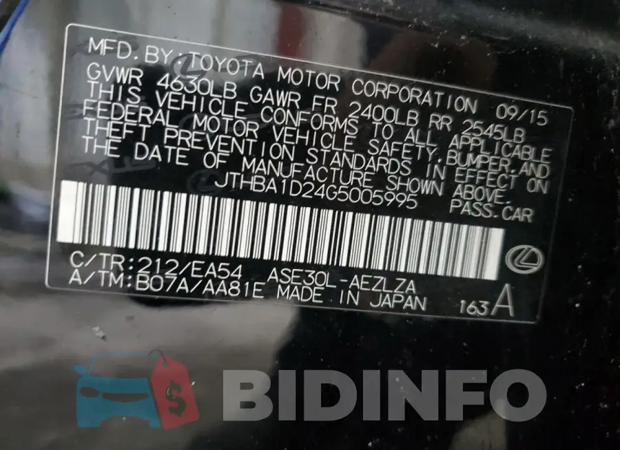 JTHBA1D24G5005995 Photo# 12