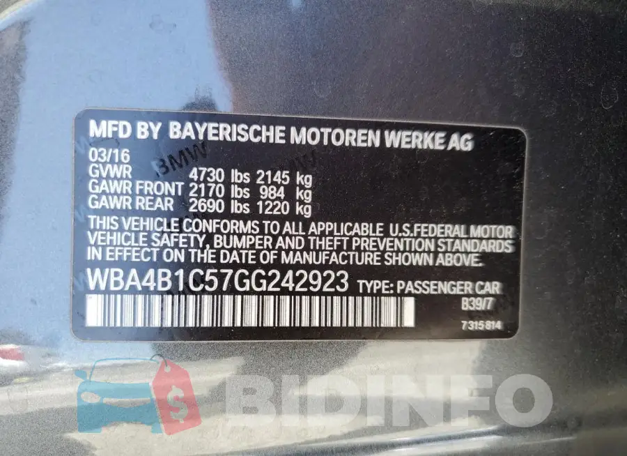 WBA4B1C57GG242923 Photo# 12