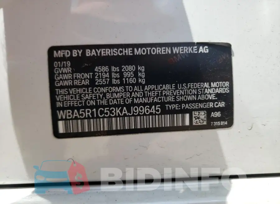 WBA5R1C53KAJ99645 Photo# 12