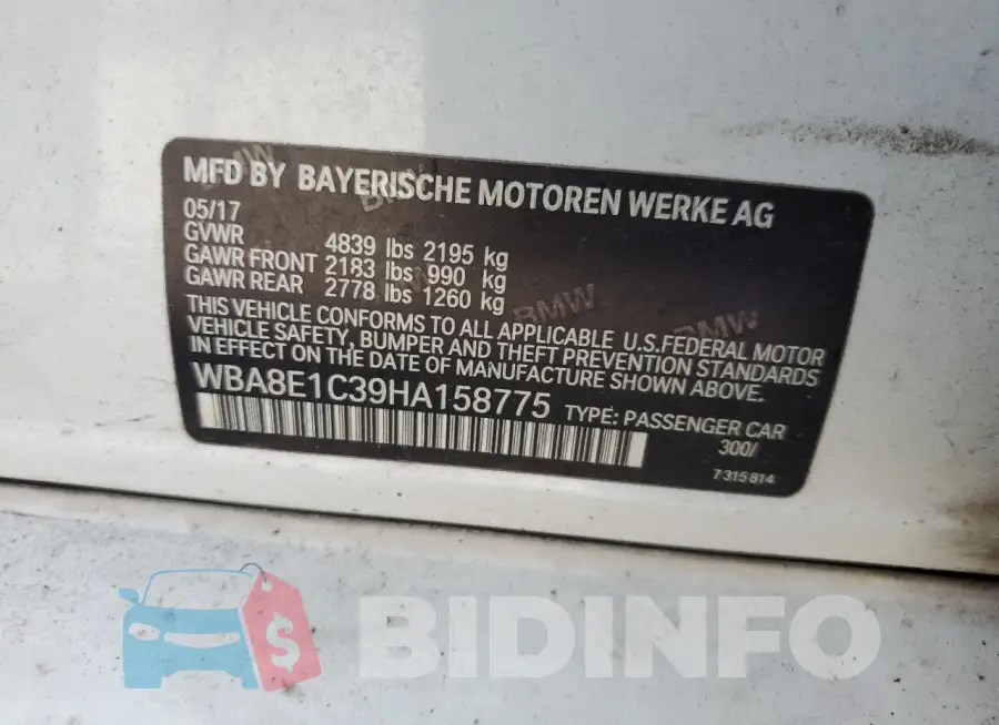 WBA8E1C39HA158775 Photo# 12