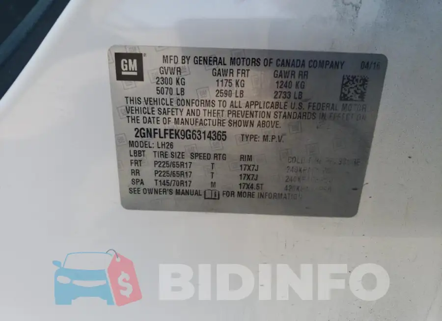 2GNFLFEK9G6314365 Photo# 14