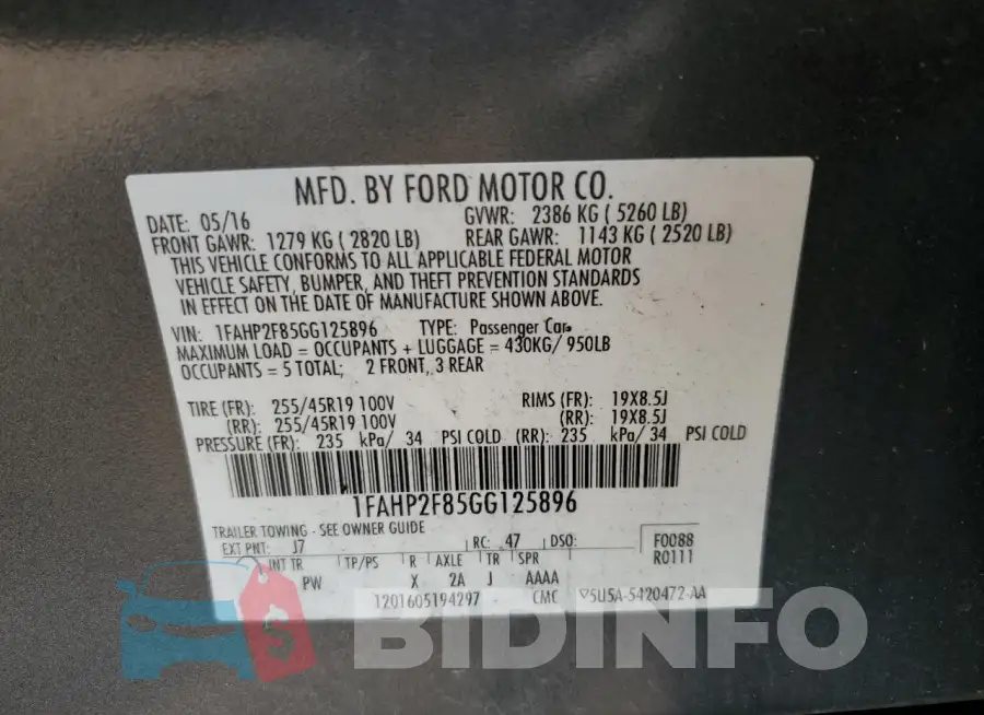 1FAHP2F85GG125896 Photo# 12