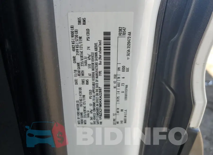 1FBZX2YM0KKA22887 Photo# 12
