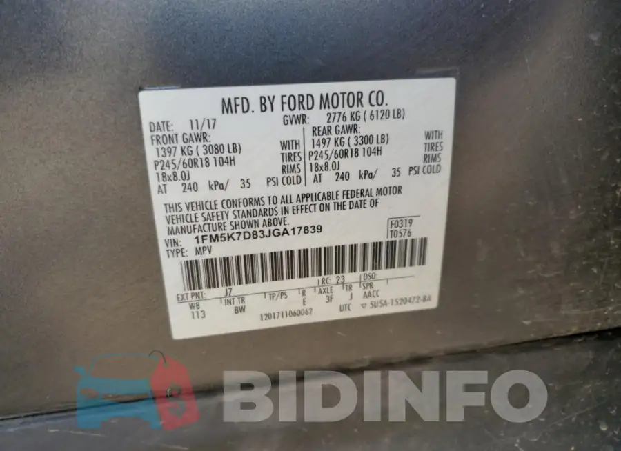 1FM5K7D83JGA17839 Photo# 13