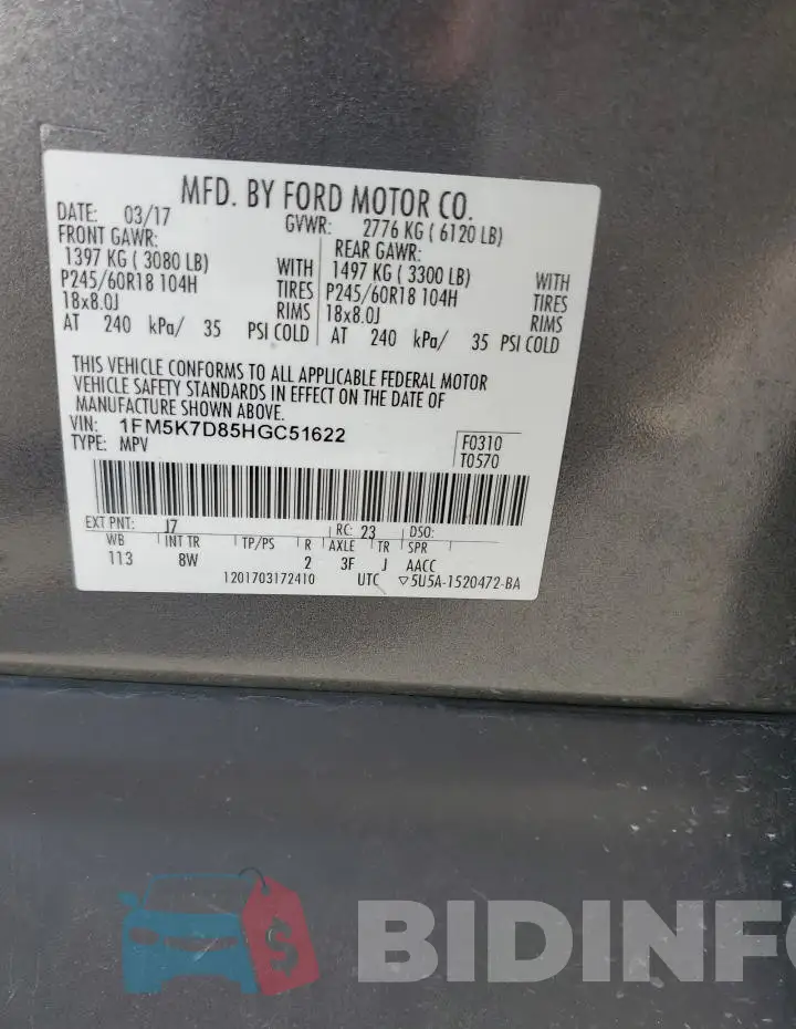 1FM5K7D85HGC51622 Photo# 13