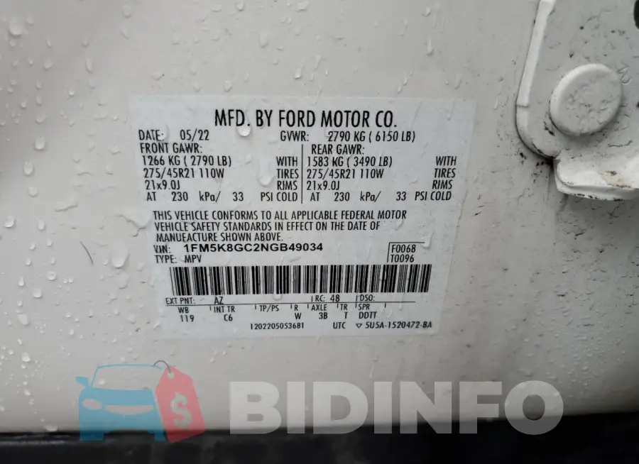 1FM5K8GC2NGB49034 Photo# 14
