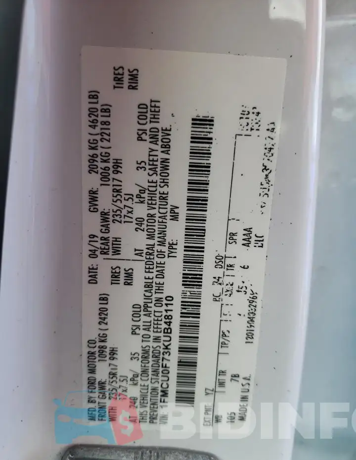 1FMCU0F73KUB48110 Photo# 13