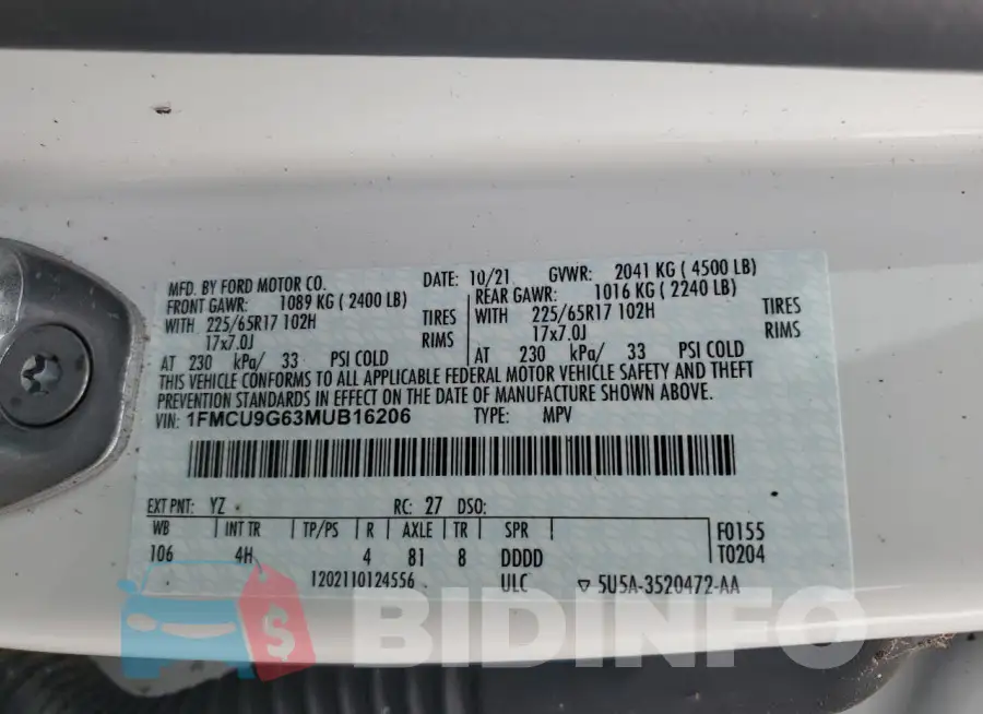 1FMCU9G63MUB16206 Photo# 13