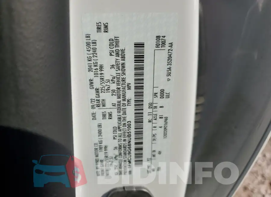 1FMCU9G68NUB51003 Photo# 13
