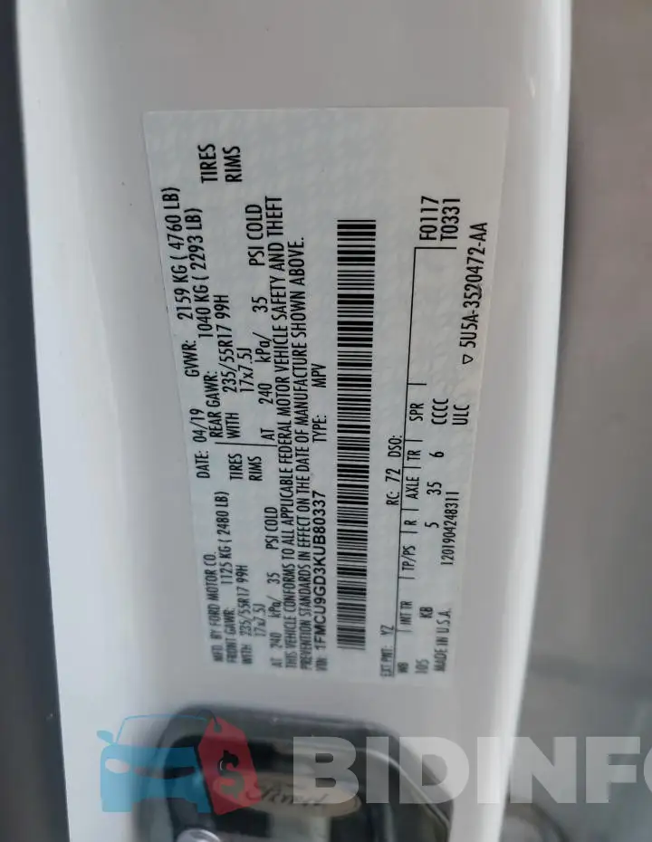 1FMCU9GD3KUB80337 Photo# 13