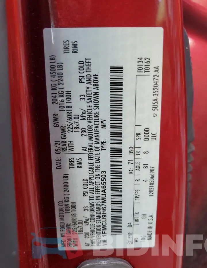 1FMCU9H67MUA65503 Photo# 13