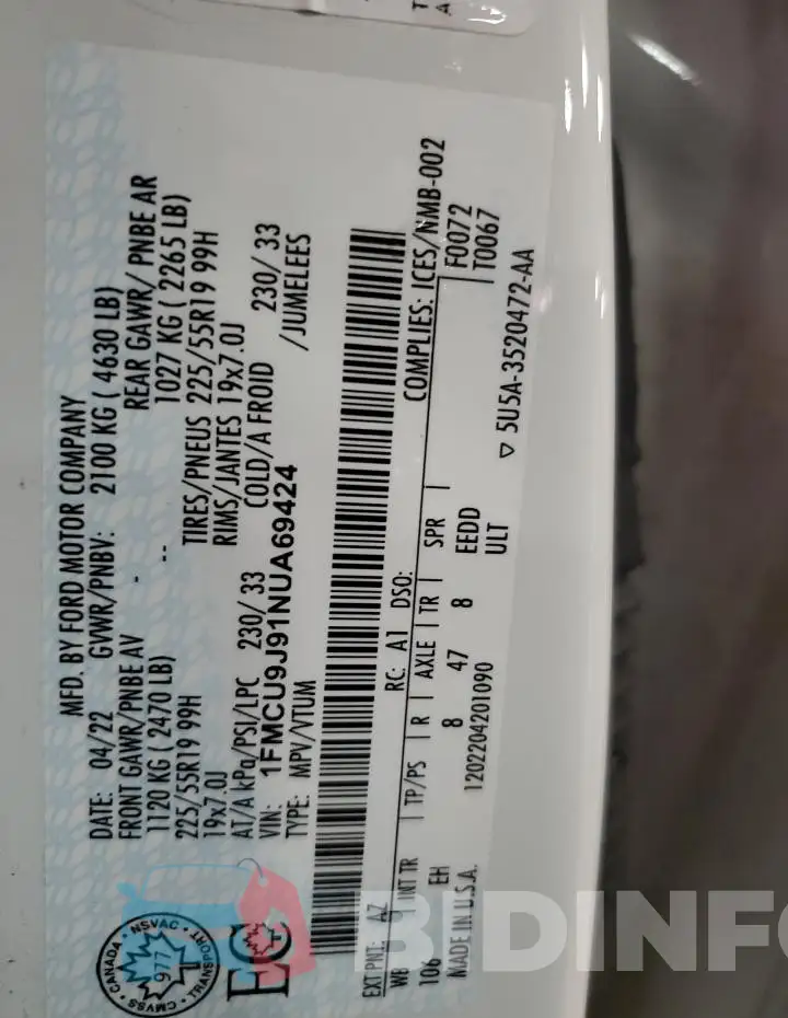 1FMCU9J91NUA69424 Photo# 14