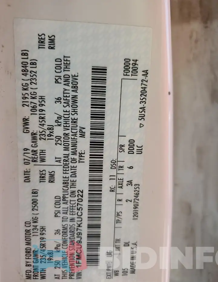 1FMCU9J97KUC57022 Photo# 13