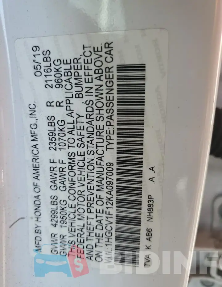 1HGCV1F12KA097009 Photo# 12