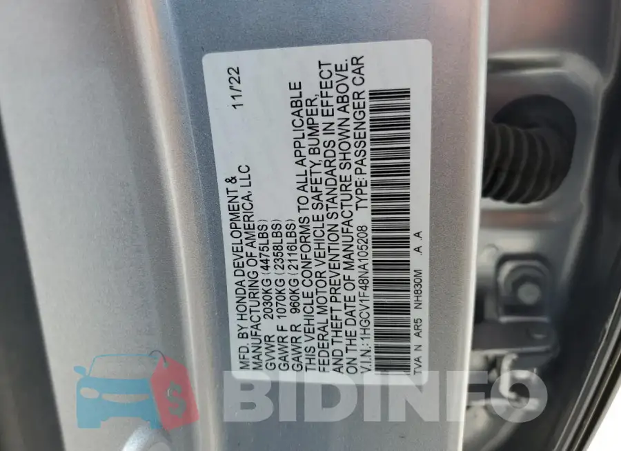 1HGCV1F48NA105208 Photo# 12