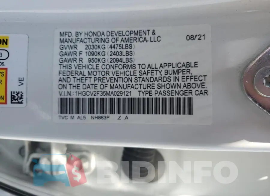 1HGCV2F35MA029121 Photo# 13