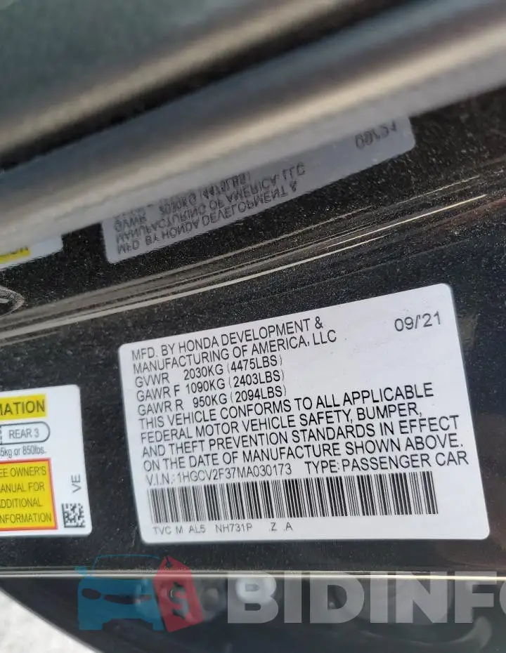 1HGCV2F37MA030173 Photo# 12