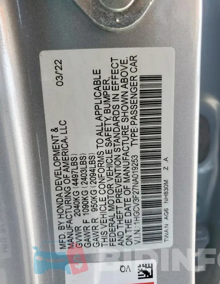 1HGCV3F27NA019253 Photo# 12
