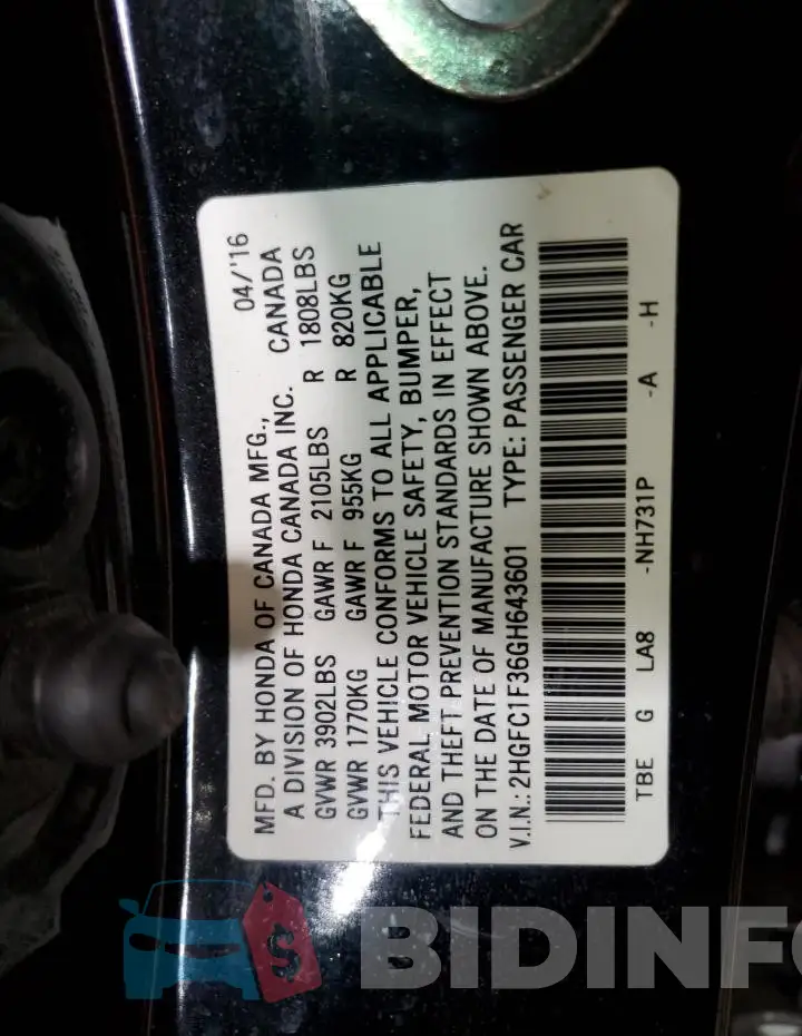 2HGFC1F36GH643601 Photo# 12