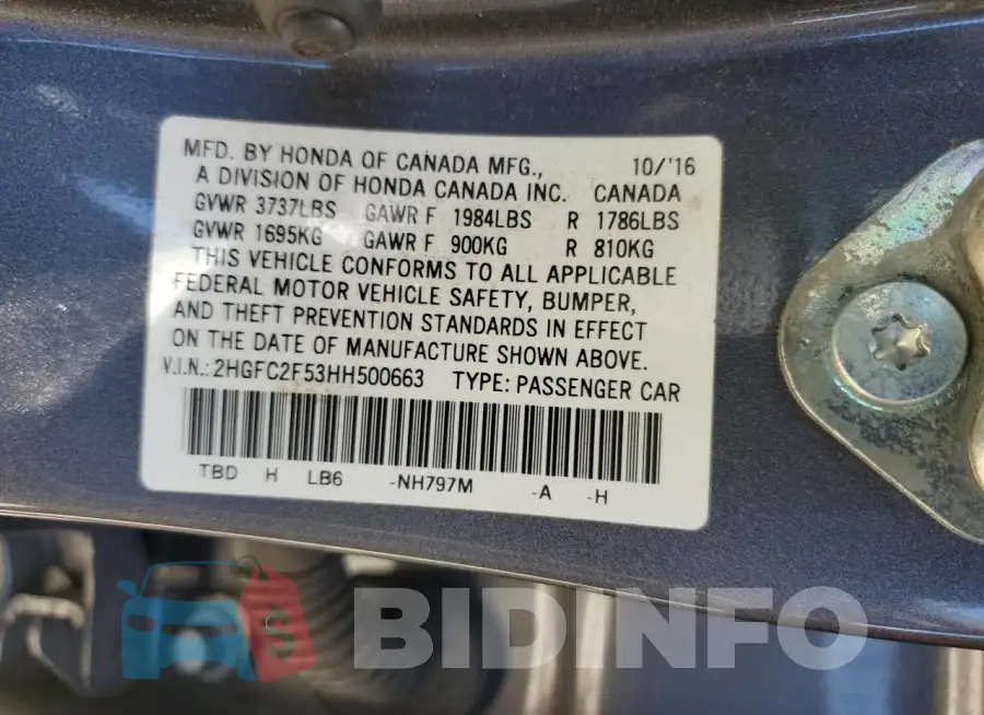 2HGFC2F53HH500663 Photo# 12