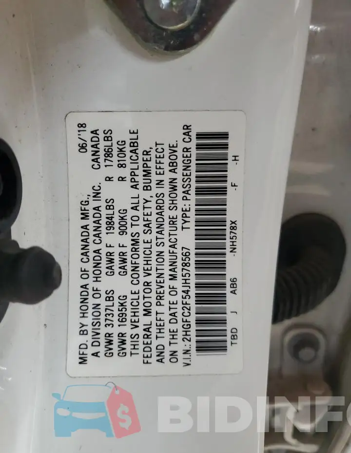 2HGFC2F54JH578567 Photo# 12