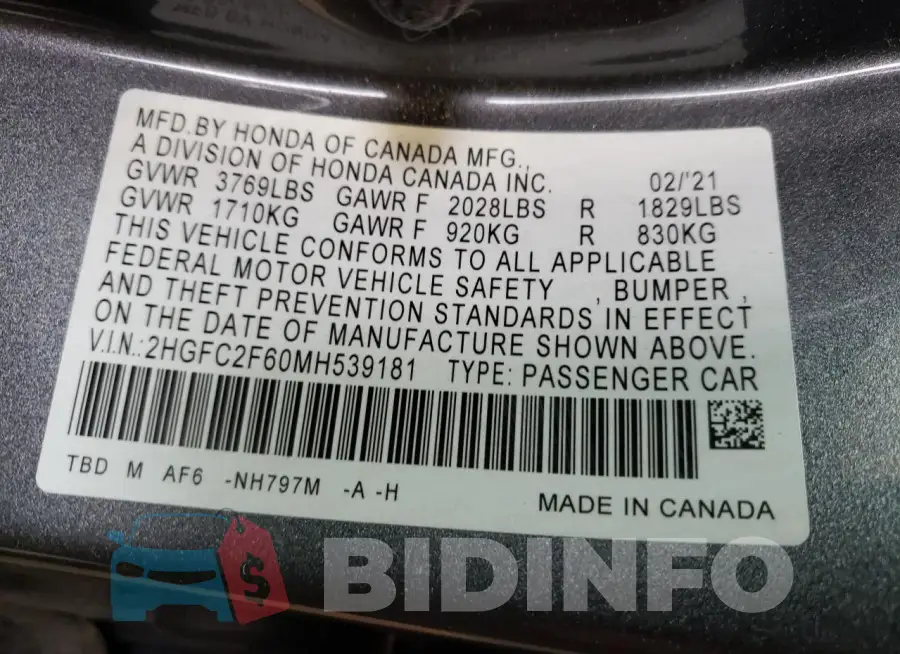 2HGFC2F60MH539181 Photo# 13