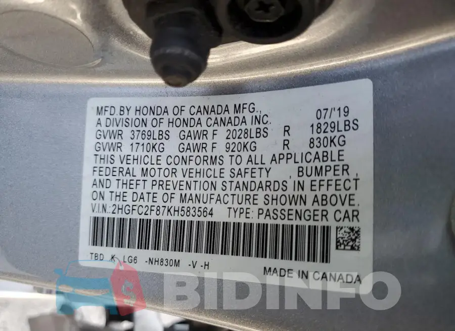 2HGFC2F87KH583564 Photo# 12