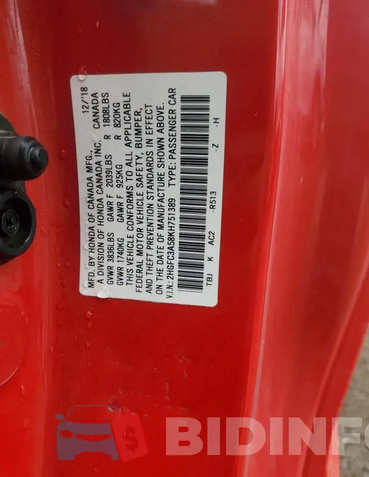 2HGFC3A58KH751389 Photo# 12
