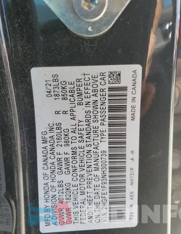 2HGFE1F93NH300739 Photo# 12