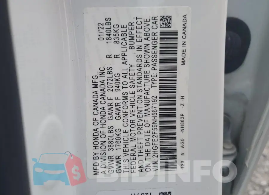 2HGFE2F59NH567192 Photo# 13