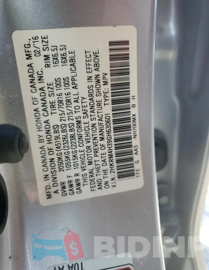 2HKRM4H39GH630601 Photo# 13