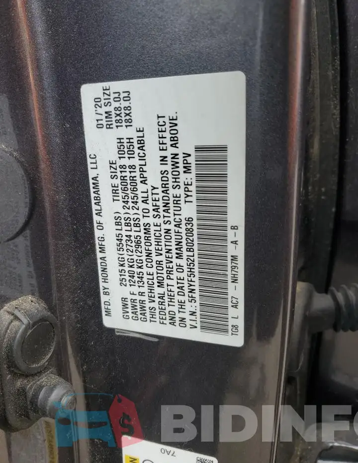 5FNYF5H52LB020836 Photo# 13