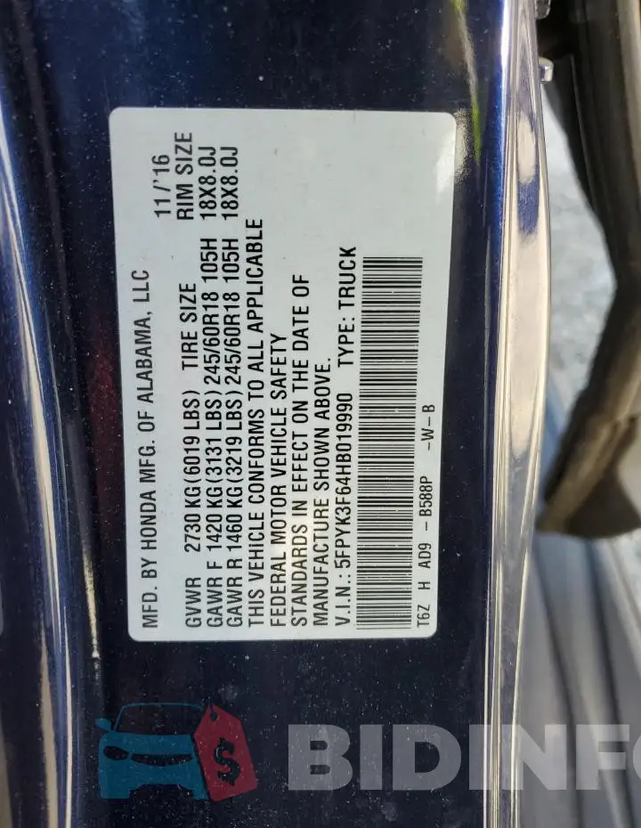 5FPYK3F64HB019990 Photo# 12