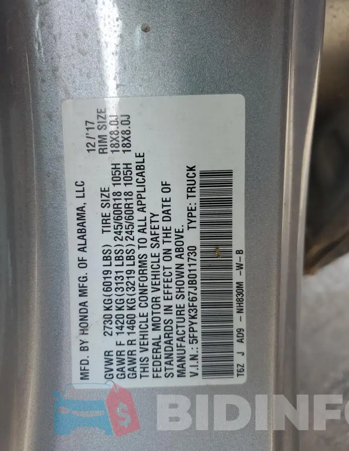 5FPYK3F67JB011730 Photo# 12