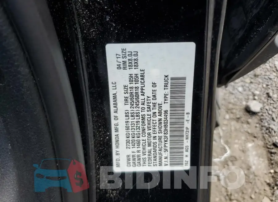 5FPYK3F83HB034496 Photo# 13