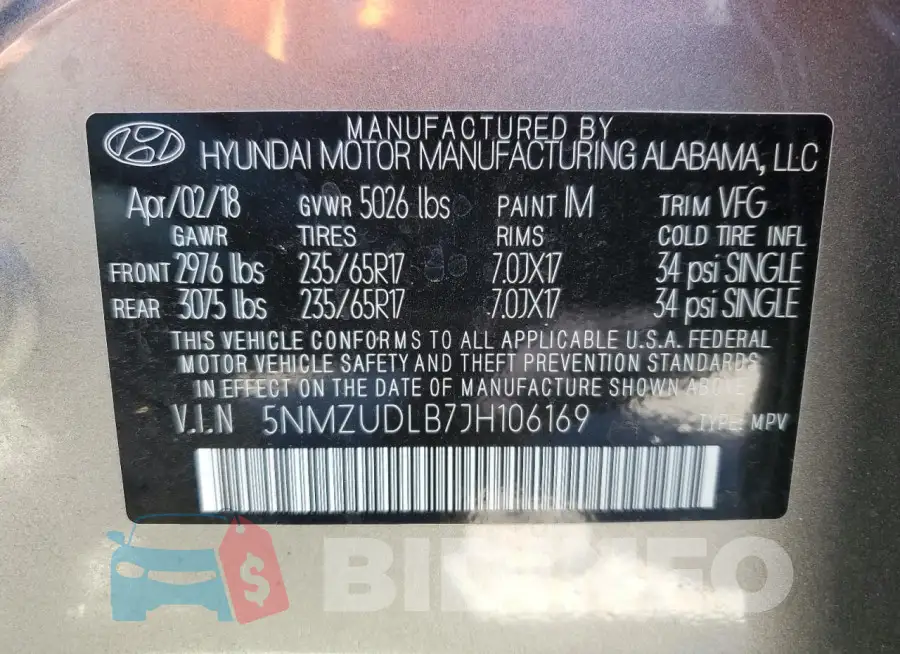 5NMZUDLB7JH106169 Photo# 13