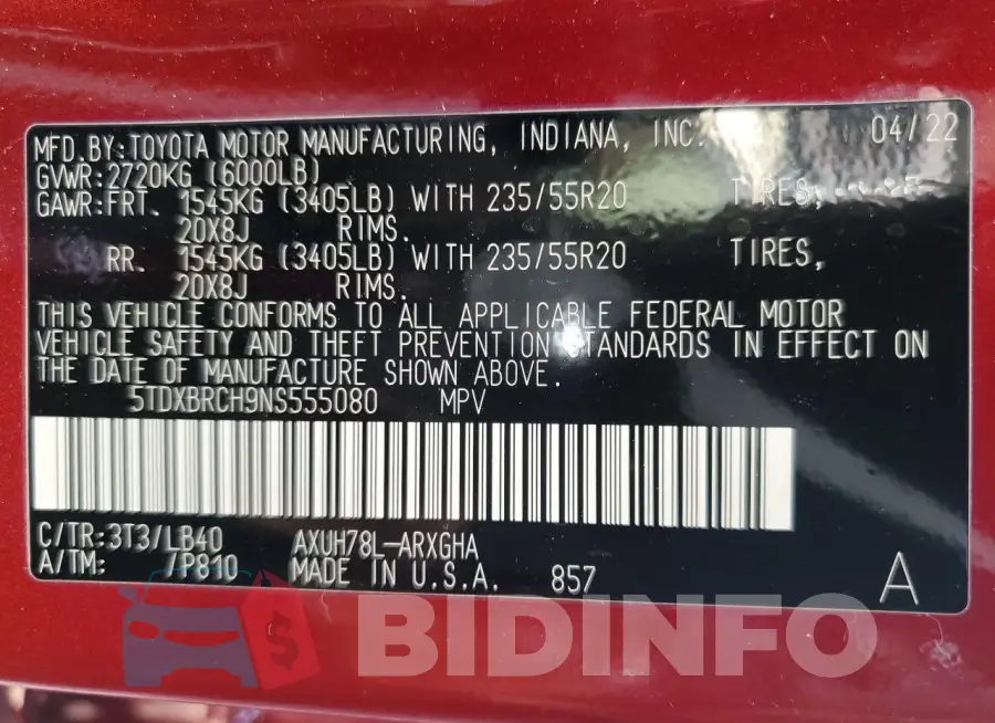 5TDXBRCH9NS555080 Photo# 13