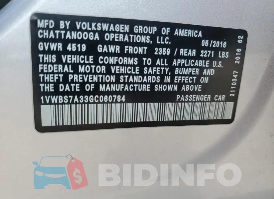 1VWBS7A33GC060784 Photo# 12