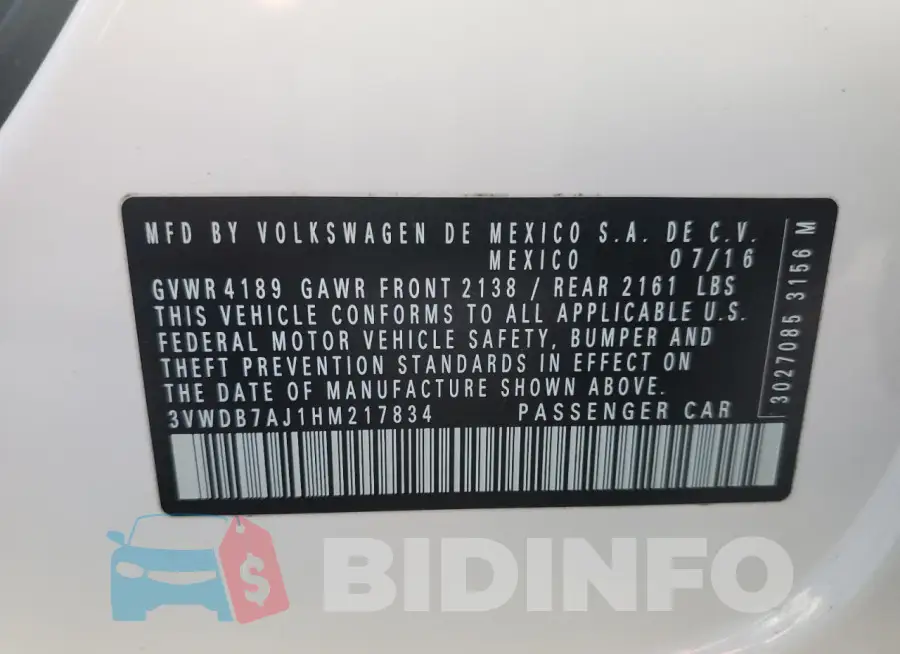 3VWDB7AJ1HM217834 Photo# 12