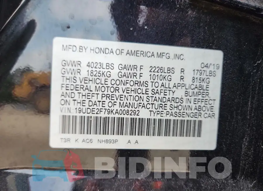 19UDE2F79KA008292 Photo# 12