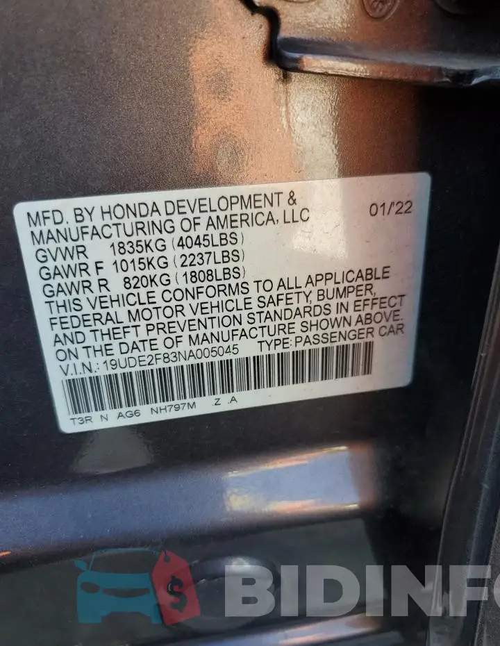 19UDE2F83NA005045 Photo# 12