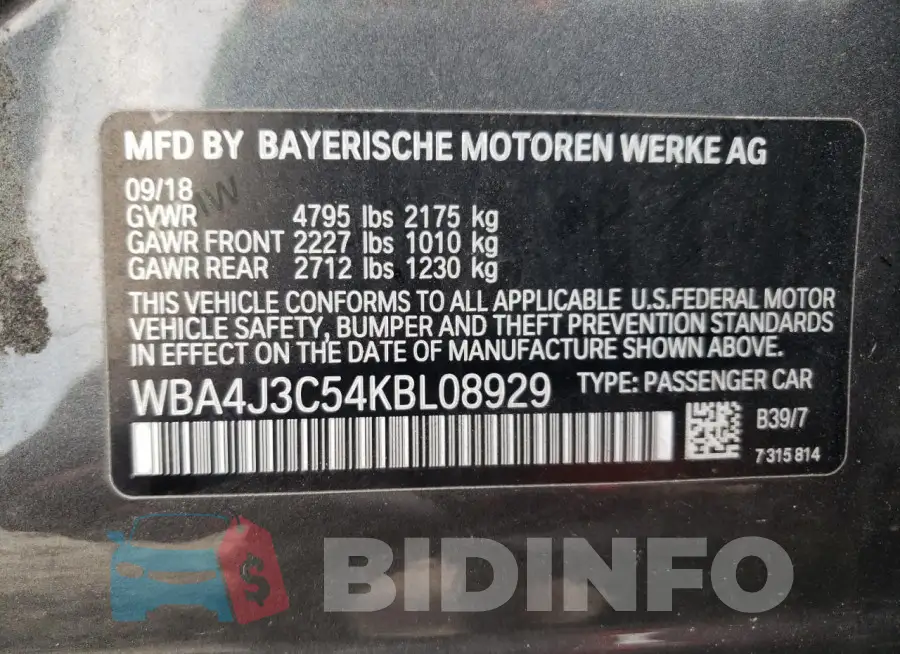 WBA4J3C54KBL08929 Photo# 13