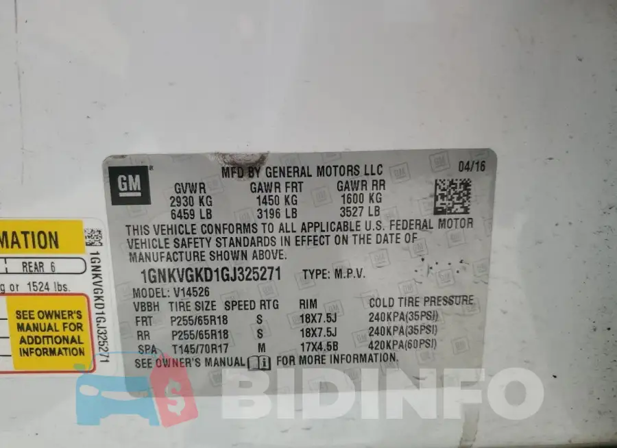 1GNKVGKD1GJ325271 Photo# 13