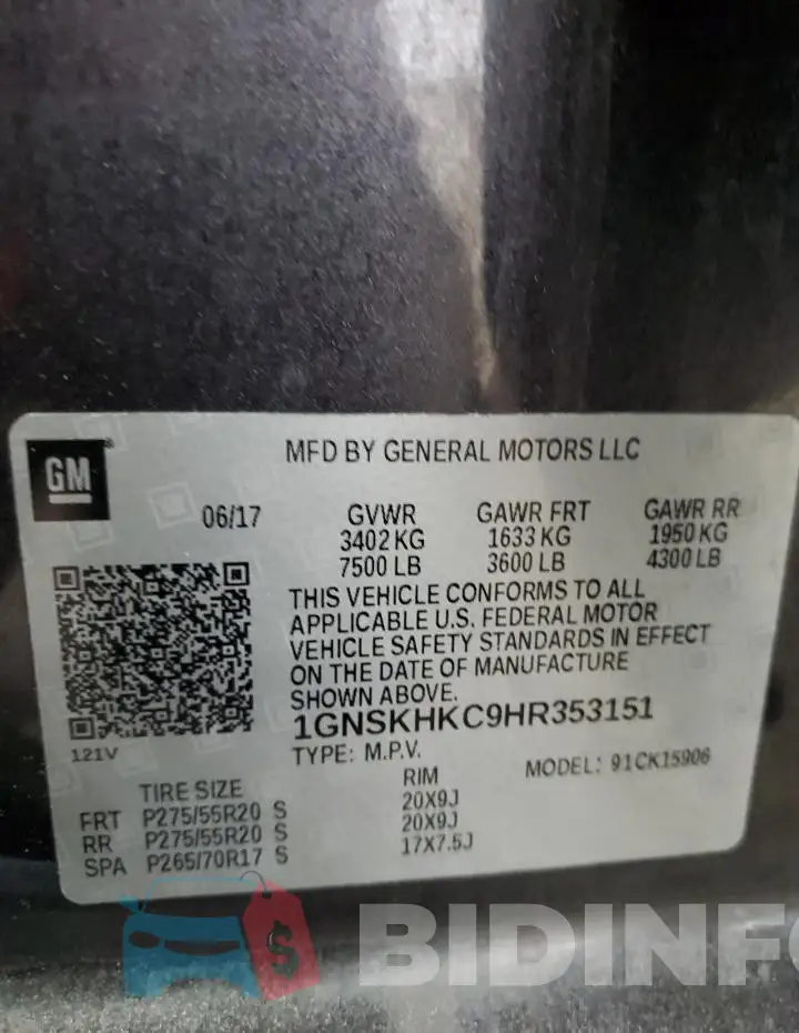 1GNSKHKC9HR353151 Photo# 14