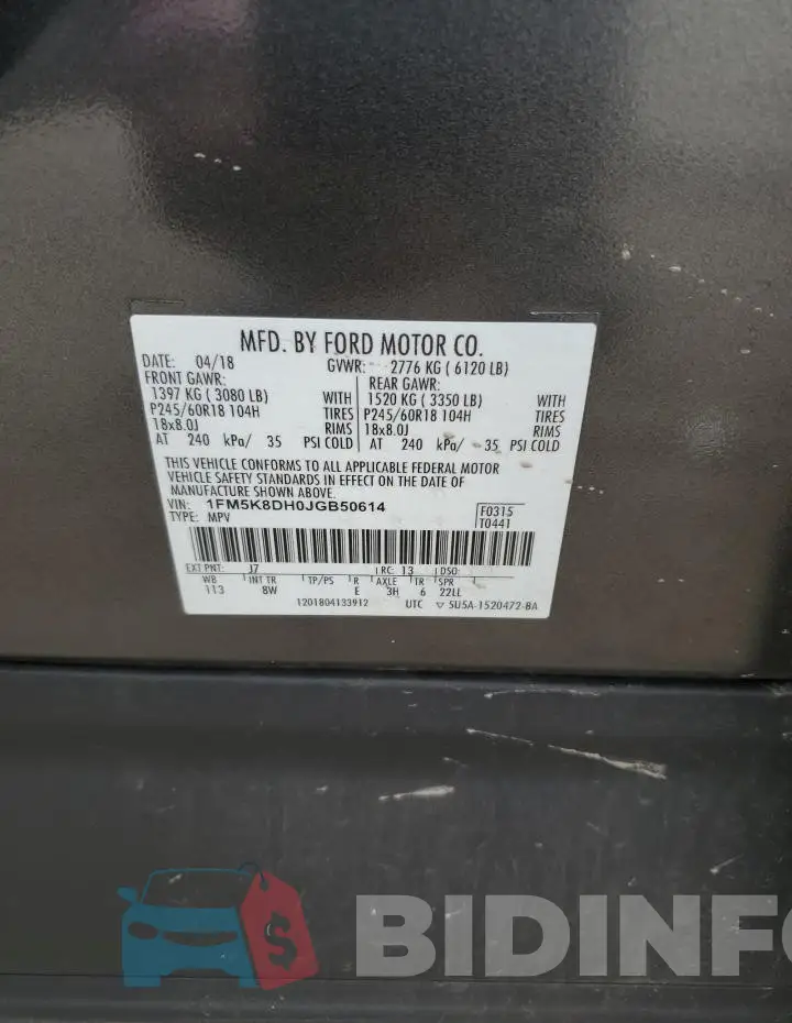 1FM5K8DH0JGB50614 Photo# 13